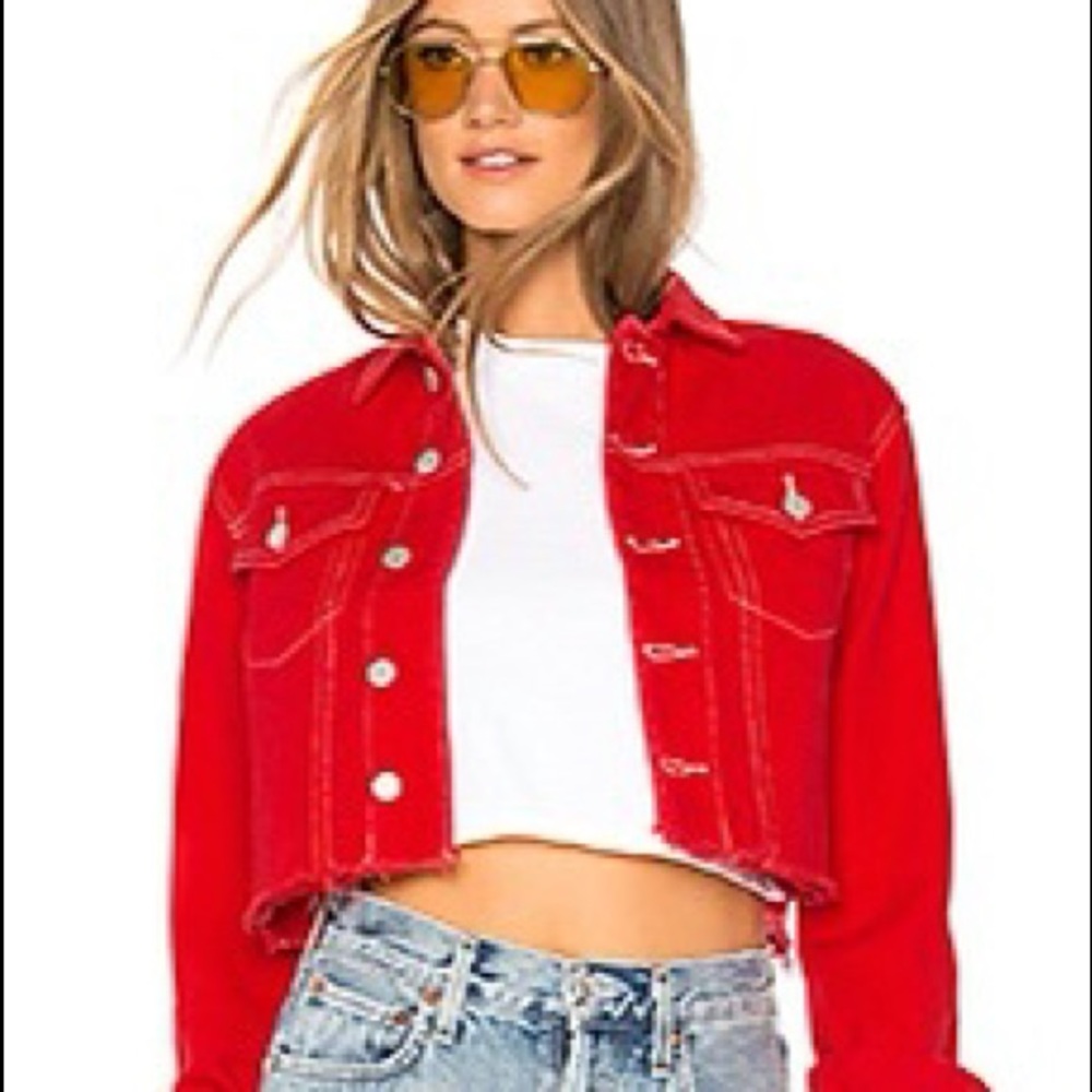 BY THE WAY CROPPED RED DENIM JACKET